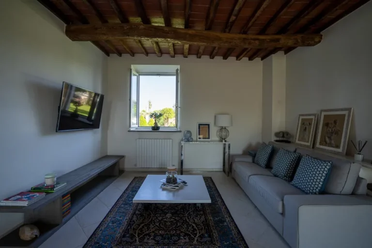 Living room of the ARABELLA villa apartment with chestnut-beam ceiling, grey sofa, blue rug and garden window