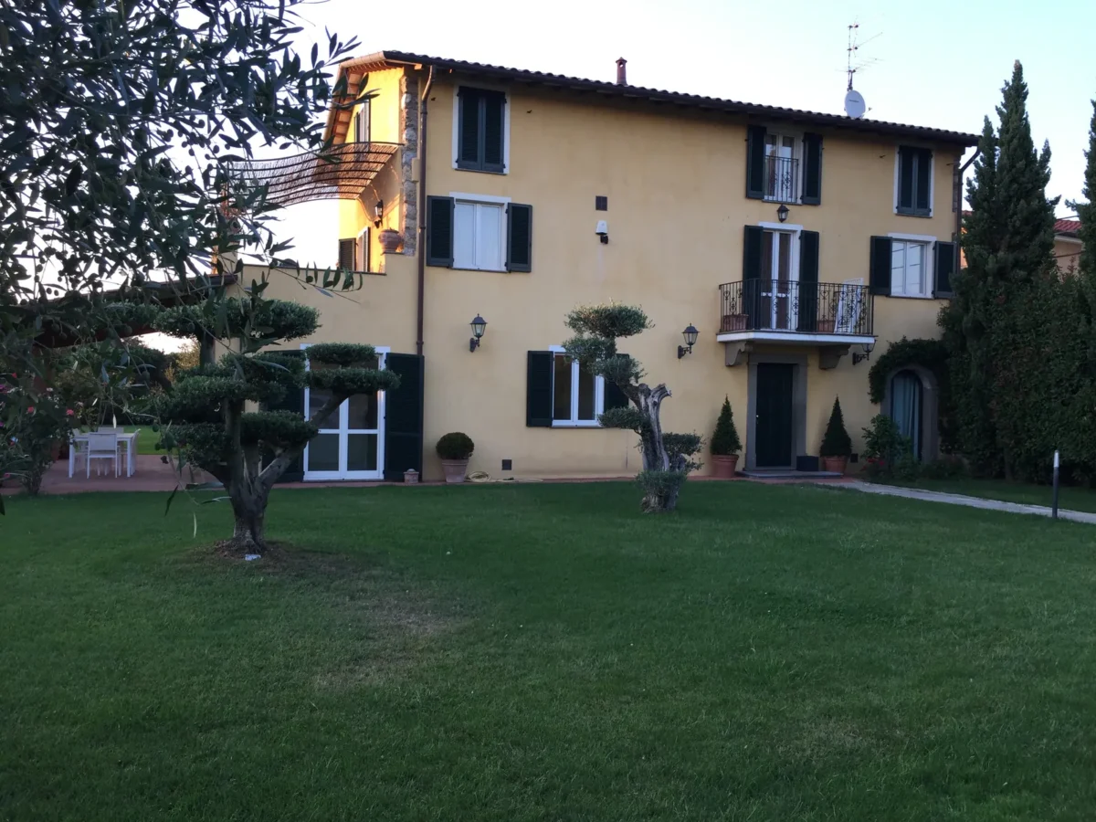 The yellow villa of Dimora Arabella with sculpted olive trees and lawn