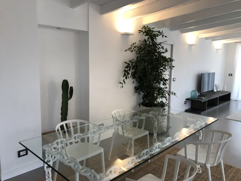Glass dining table on a white anchor-chain base, with cactus and tall ficus