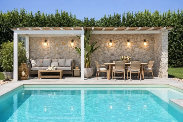 Stone pergola with outdoor lounge and dining table